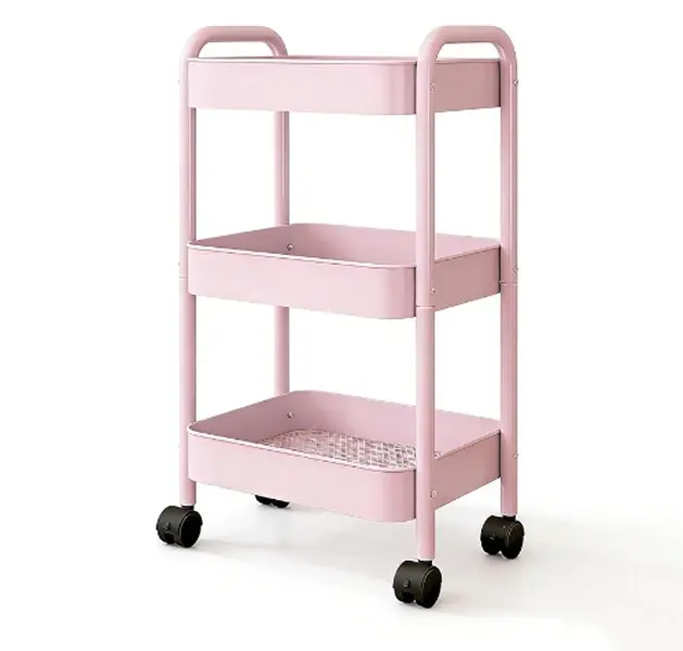 3-Layer Metal Rotatable Rolling Cart, Easy-Assemble Pink Storage Trolley with Funny Stickers & Prom Bouquet Decor for Kitchen & Bedroom Home Organization