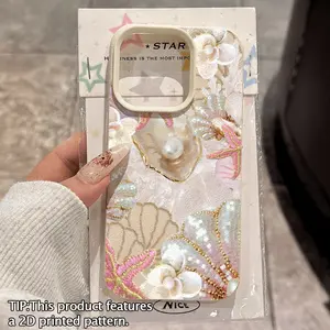 Luxury mother-of-pearl embroidered pink starfish patchwork pattern lychee texture TPU shockproof phone case for iPhone 17, 16, 15, 14, 13, 12, and 11.