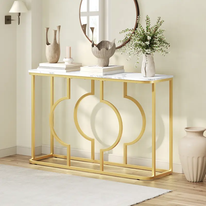 MAHANCRIS Stylish Gold Console Table - Modern Accent Table, 47.2in Narrow Geometric Metal Frame, Marble White & Gold Metallic Living Room Furniture, for Living Room Decor, Entryway