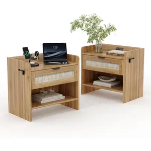 2PACK Nightstands with Charging Station - Modern Bedside Tables with USB & Type-C Ports, Rattan Style Drawer & Open Shelf - Walnut Color Bedroom End Tables