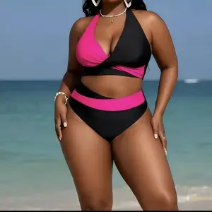 Plus-size color-blocked cross halter high-waisted two-piece bikini swimsuit