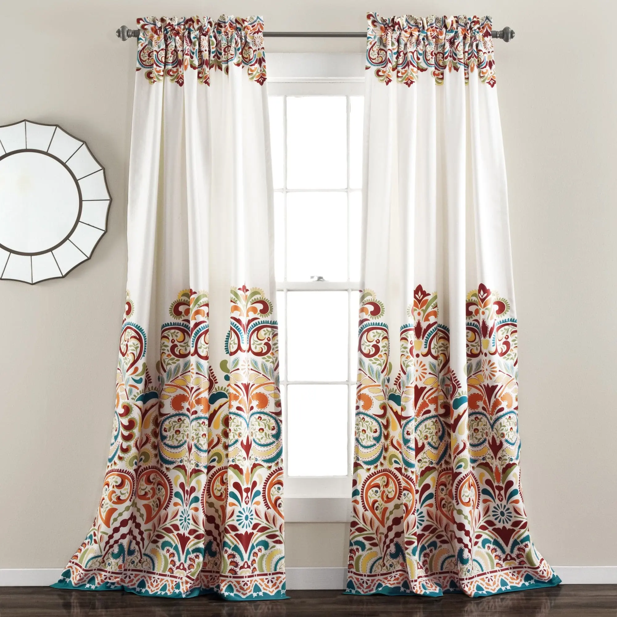 Lush Decor Clara Light Filtering Window Panel Set with Paisley Printed Curtains & Telescopic Rod for Home Decoration & Privacy Grommet Curtains