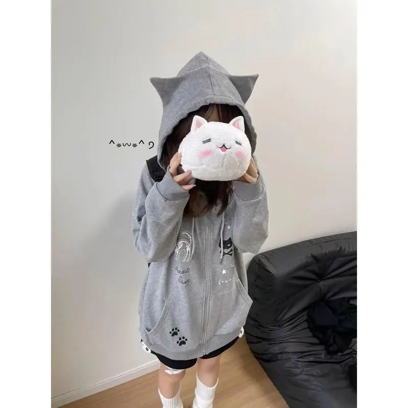 Women's Japanese Cute Gray Cat Ear Hooded Sweatshirt - Long Sleeve Soft Zipper Jacket, Autumn Winter Student Outdoors XL Sports & Outdoor Wear, Clothes, Longsleeves, Plus Size, Multi-Size, Tops, Lady, Soft Jacket, Sporty Sports Clothing Sets