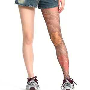 High thigh high light beige tattoo socks, ultralight seamless tattoo pantyhose, 360 degree tattoo print socks, patterned tights, patterned, women,Men