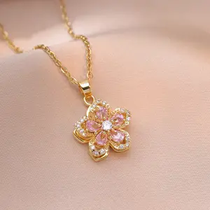 Pink Rhinestone Flower Pendant Necklace, Gold Plated. Adjustable Chain, Dainty & Elegant. Ideal for Daily, Party & Gifting – Trendy Women's Jewelry.