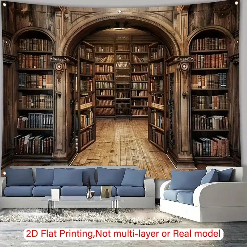 Extra Large Vintage Library Scene 2D Flat Polyester Bookshelf Banner - Home Office Photography Backdrop, Birthday Party Decoration, No Electricity Needed, Ideal Gift for Book Lovers (2D Flat Printing, Not Multi-layer or Real Model),summerwins