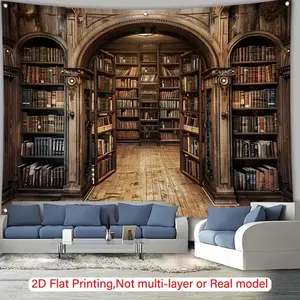 Extra Large Vintage Library Scene 2D Flat Polyester Bookshelf Banner - Home Office Photography Backdrop, Birthday Party Decor, No Electricity Needed, Ideal Gift for Book Lovers (2D Flat Printing, Not Multi-layer or Real Model),summervibes