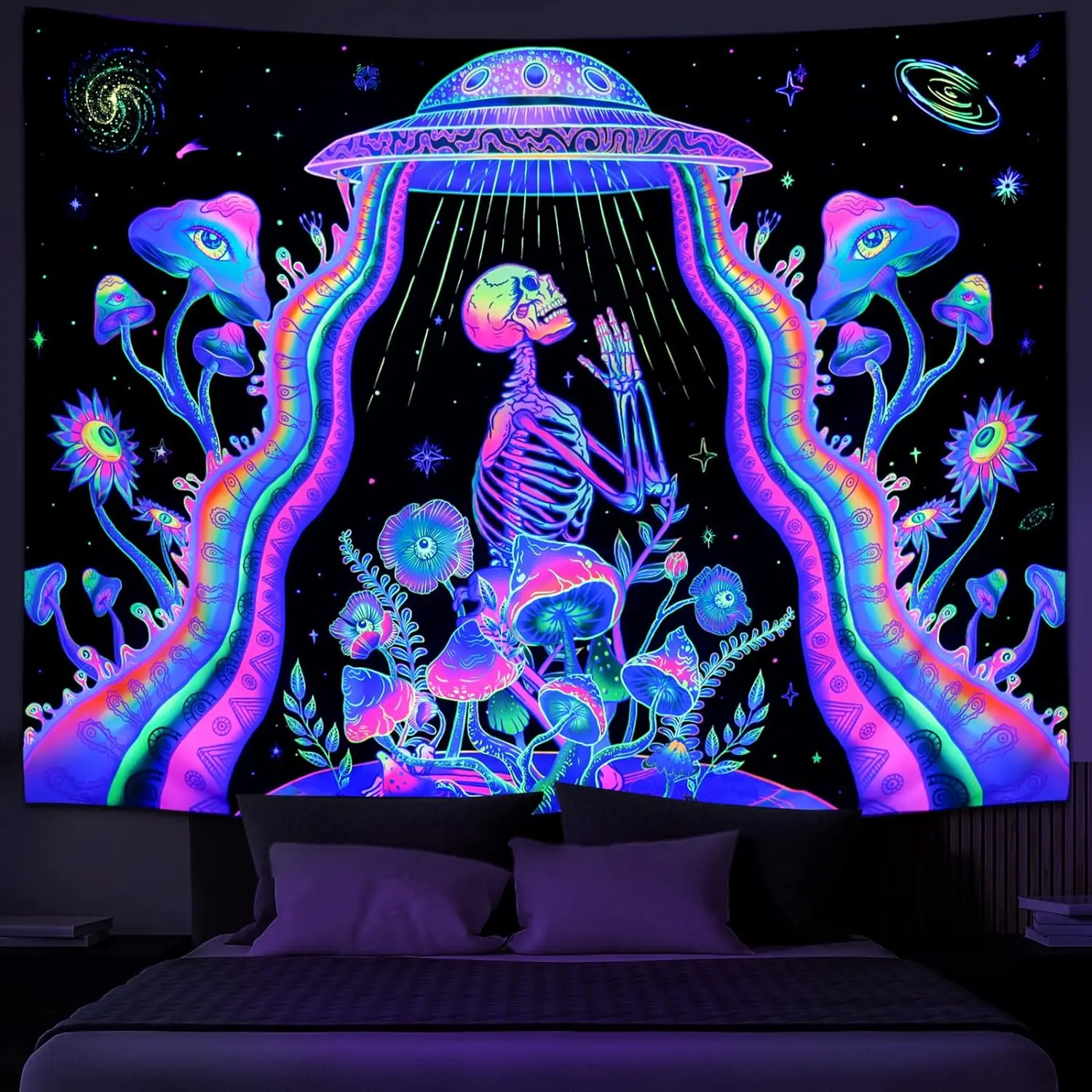 Tapestry Blacklight UV Reactive Tapestry UFO Alien Skull tapestry Wall Hanging Aesthetic Tapestry for Bedroom Trippy Room Decor