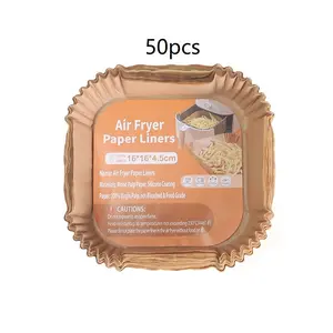 50pcs Air Fryer Paper Liners, Original Color Square Baking Paper Pads, Bakeware, Non-Stick Oil Absorbing Surface, Leaf Edge Design, Disposable Kitchen Supplies