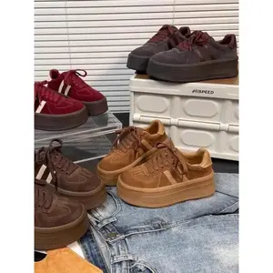 Women's Chunky Sole Genuine Leather Fur Shoes, Lace-Up Casual Sports Shoes, Comfortable Walking and Running Shoes, Thick Soled Sneakers, Casual Athletic Sneakers, Uk Size 3-8