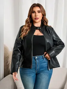 Women's Plus Size PU Leather Jacket, Street Style Biker Coat with Zipper Pockets, Fall & Winter Fashion Outerwear