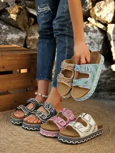Women's Fashion New Summer Affordable Slippers, Large Size Sequins Dual Buckle Sandals, Shiny Rhinestone Casual Slip-Ons, Waterproof Thick Sole, Footwear