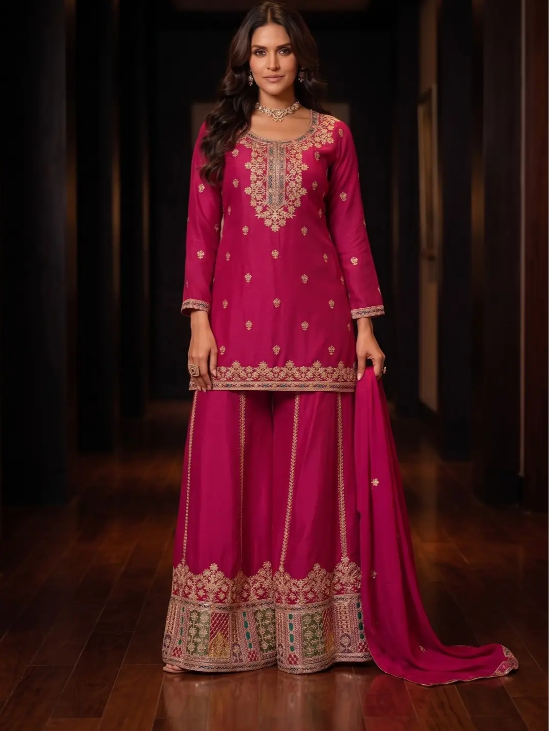 Women's Elegant Premium 3-Piece Chinon Sharara Set, Ethnic Party Wear