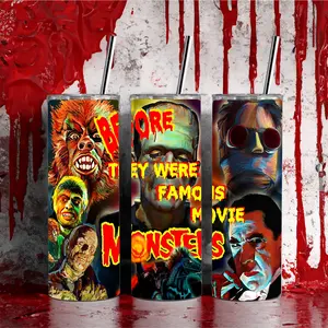 Vintage Monster Horror 20oz Stainless Steel Insulated Tumbler with Lid and Metal Straw - Before They Were Famous Monsters Design Drinkware Cup Mug Reusable Portable Washable Washable Washable Flasks Bottles