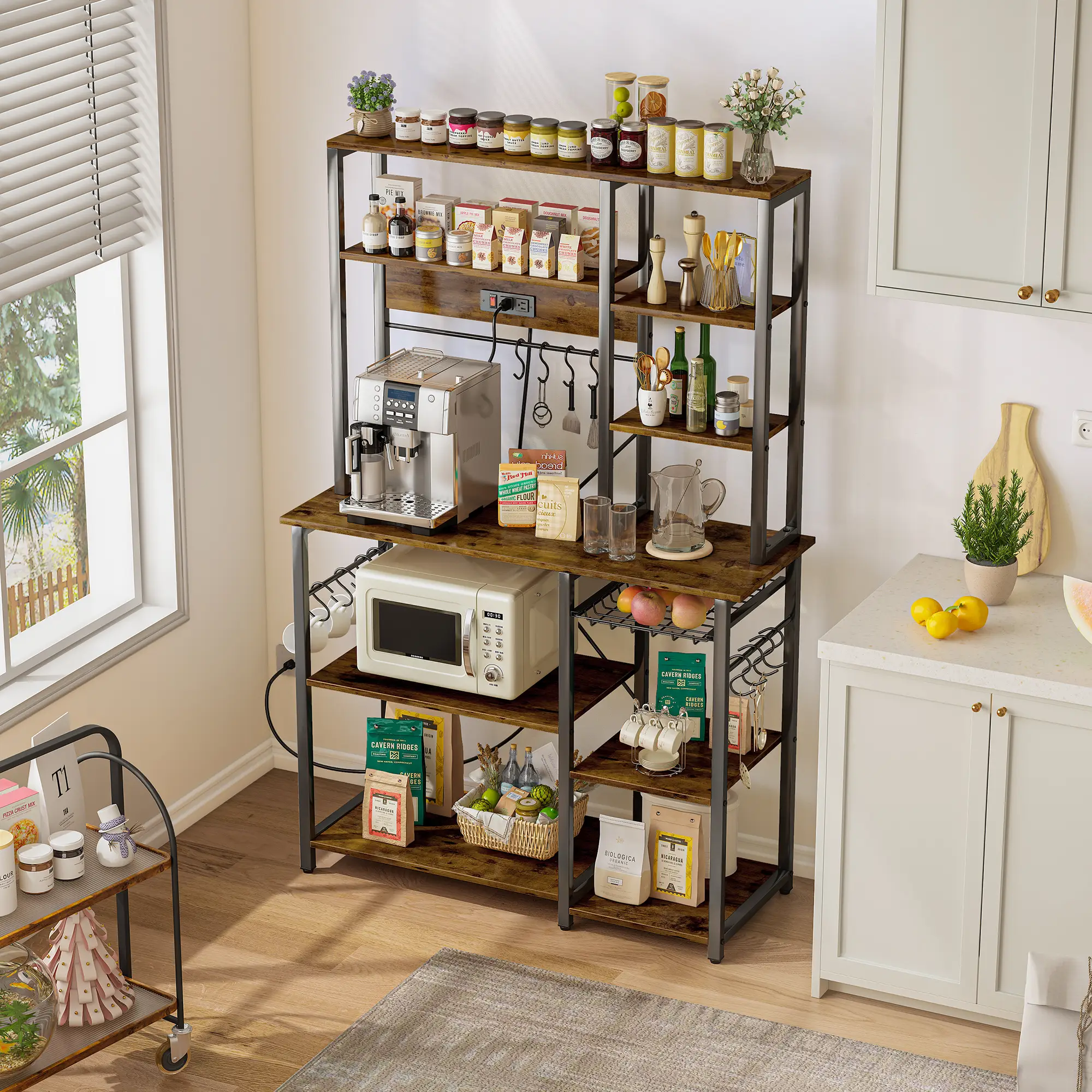 SUPERJARE Large Bakers Rack with Power Outlets, 6-Tier Microwave Stand, Coffee Bar with 12 S-Shaped Hooks, Kitchen Shelf with Wire Basket, 39.3 x 15.5