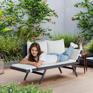 PUKAMI Outdoor Convertible Sofa, Woven Rattan Patio Loveseat with Adjustable Armrests, Outdoor Daybed Couch or Double Chair with Soft Cushions and Pillows for Patio, Poolside, Yard, Porch,