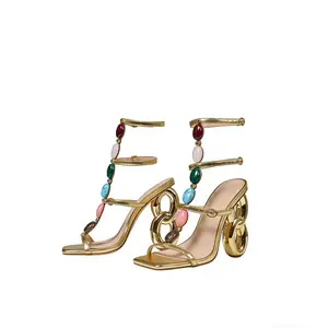 Women's Gold High Heeled Sandals with Unique Sculpted 8-Shaped Heel, Colorful Gemstone Decor & Square Toe, Sexy Fashion Party Shoes
