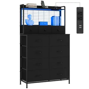 Garvee Smart Dresser with 11 Fabric Drawers, Built-in Charging Station & App-Controlled RGB LED Lighting - Industrial Storage Organizer with Anti-Tipping Design for Bedroom, Living Room, Closet, Black