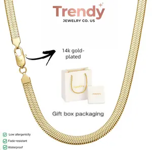 Trendy Jewelry Co. US Herringbone Chain Necklace 14K Gold Plated Stainless Steel Snake Chain Water Resistant Minimalist Jewelry Tarnish Resistant Gift for Women
