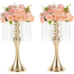 Metal Wedding Centerpieces for Table, Crystal Flower Stands, Wedding Road Lead Flower Holders, Crystal Mermaid Chandelier Flower Vases for Birthday Party Event Wedding Decor (Gold, 13"- 2pcs)