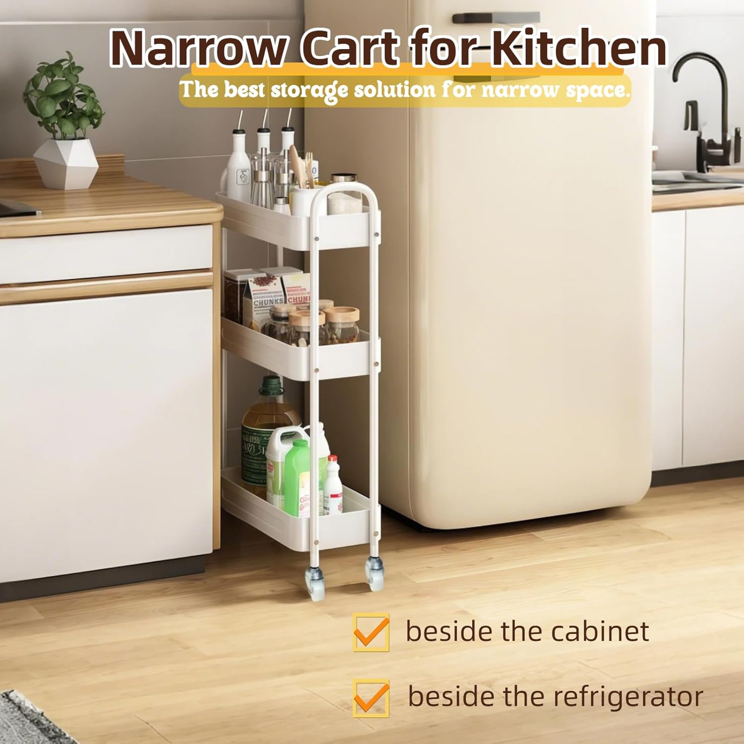3 Tier Narrow Rolling Storage Cart for Laundry Room Bathroom Kitchen, 7.1'' Slim Utility Cart with Wheels and Lockable Casters Standing Shelf for Small Space & Between Washer and Dryer