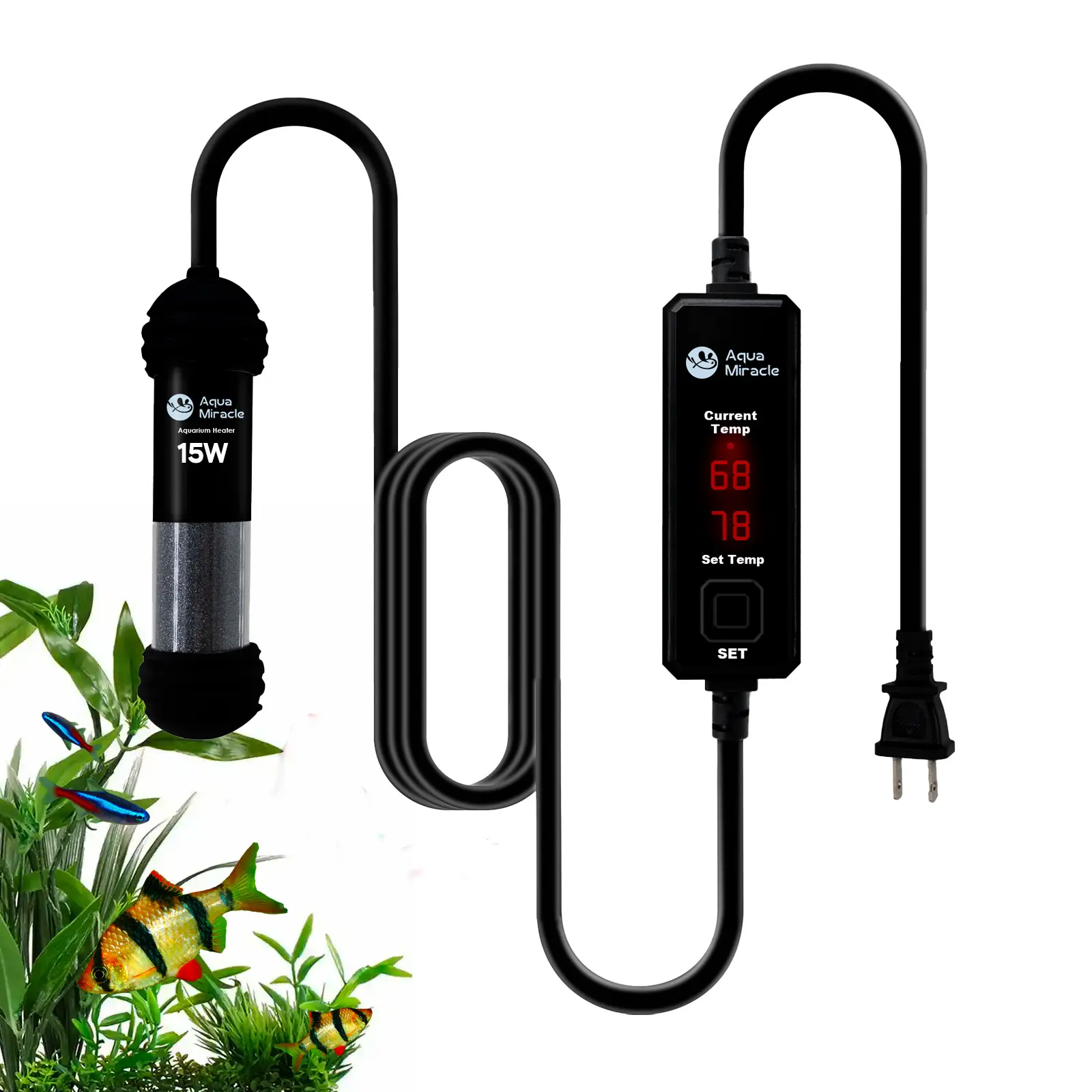 AquaMiracle 15-100W Aquarium Heaters Fish Heaters, Compact Fish Tank Heater Turtle Tank Heater with Dual LED Display, Dry-Run/Overheating Protection & Memory Function