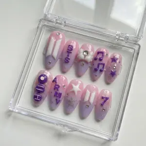 Sarahmarket Pink Music Note Press-On Nails, 3D Flower Star & Melody Details, Glitter Gradient Finish, Cute Pop Aesthetic Nail Art, Soft Idol Inspired Vibes, Custom Handmade Set for Trendy Looks