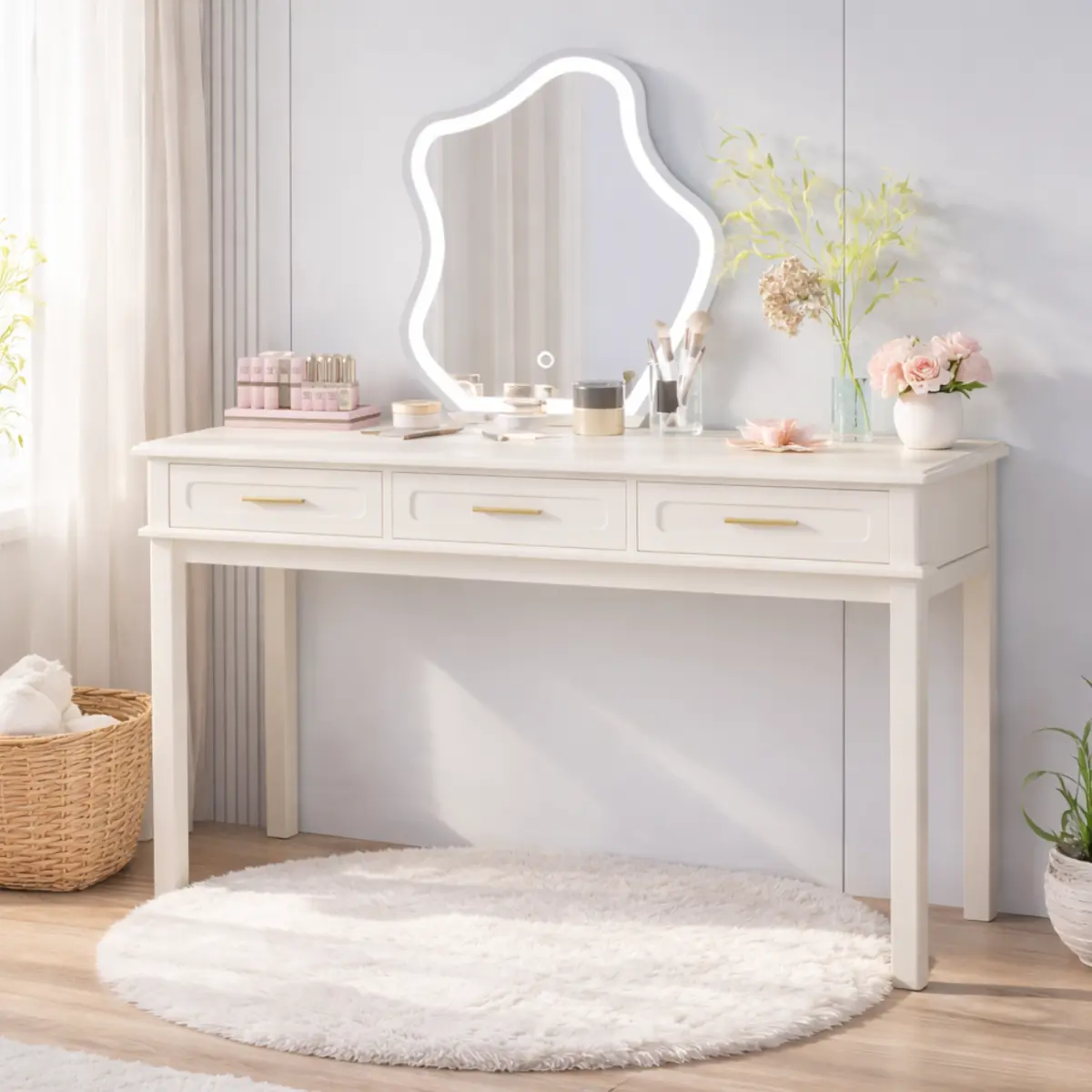 Cream White Rectangular Vanity Desk (47.24'' W X 15.75'' D X 29.53'' H) - 3 Drawers, High-Gloss MDF Glossy Surface, Easy to Maintain Modern Vanity Nightstand for Bedroom Dressing Areas (No Mirror Included)