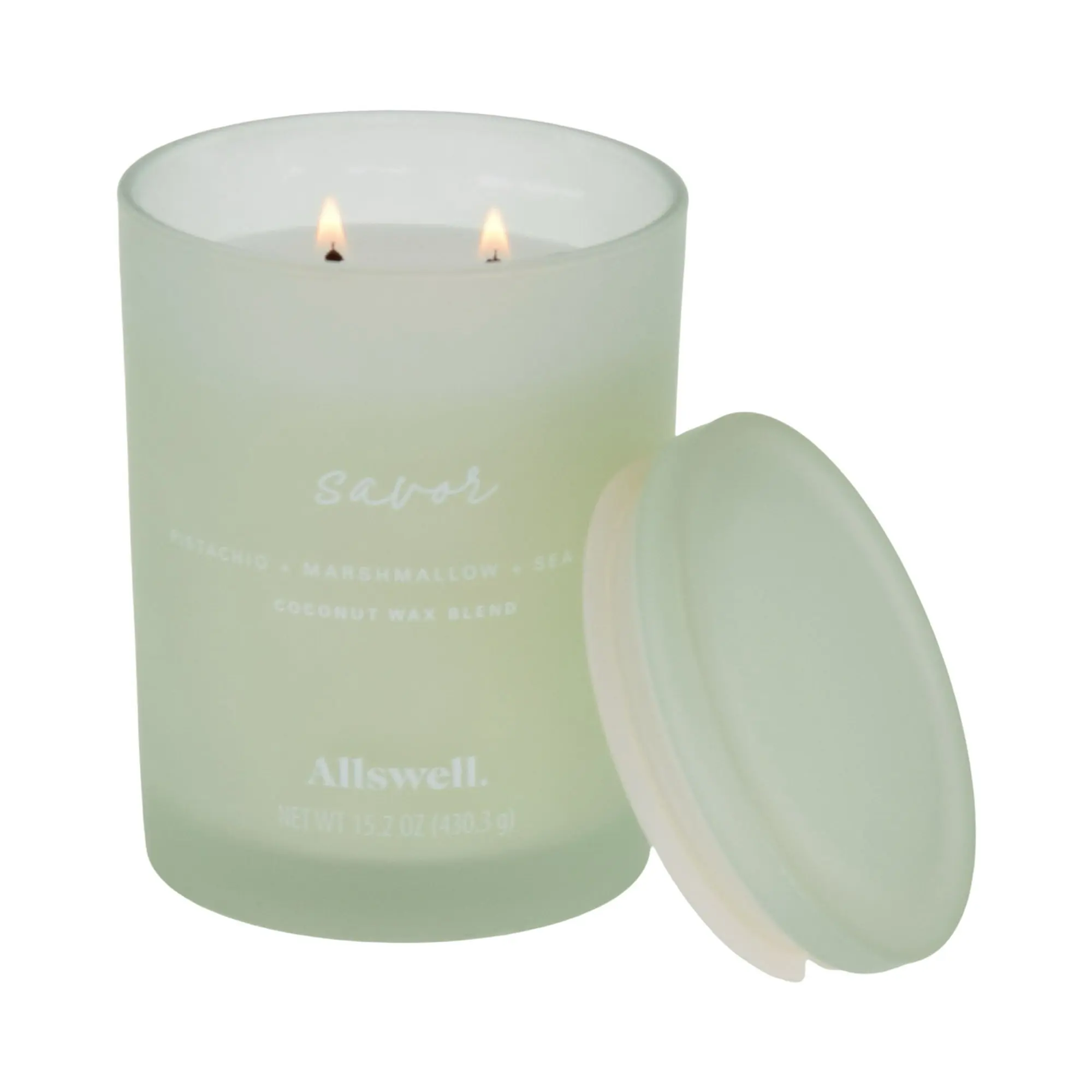 Candle Savor Pistachio, Marshmallow & Sea Salt Scented 2-Wick 15oz Spa Jar Candle - Coconut Wax Blend, Frosted Glass Jar, Up to 50 Hours Burn Time