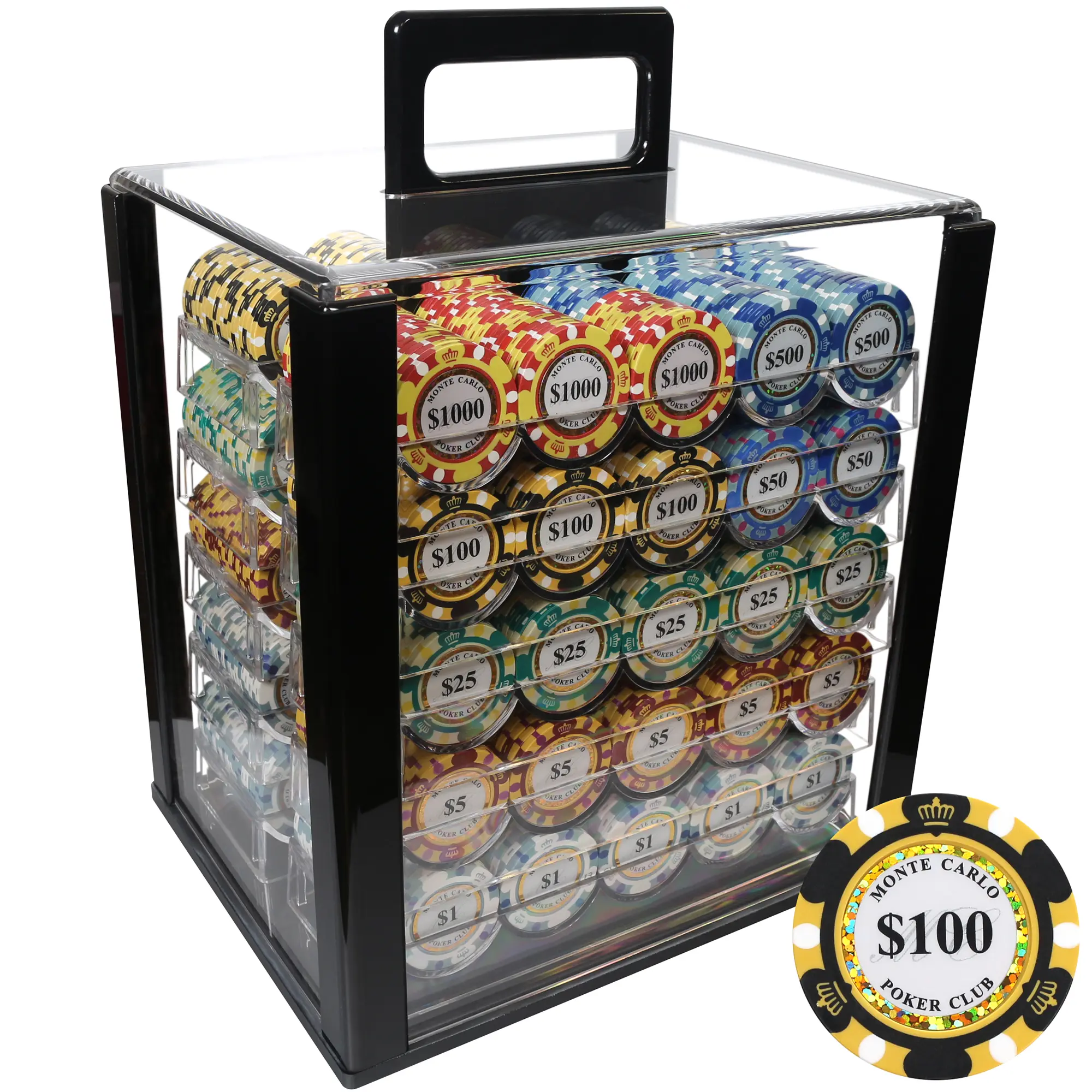 Monte Carlo Poker Club 1000-Piece Premium Poker Chip Set with Acrylic Carrier for Casino Games Heavy 14 Gram Clay Composite Ideal for Poker Blackjack Craps and Roulette