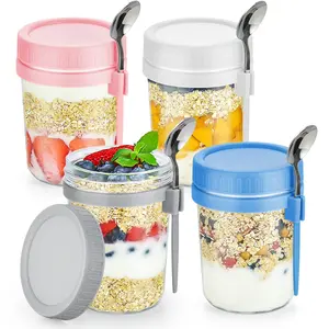 4 Pack Overnight Oats Containers with Lids and Spoons - 16 Oz Glass Mason Jars for Oatmeal, Cereal, Fruit, Vegetable, Milk, Salad, and Yogurt Meal Prep