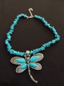 Turquoise Style Dragonfly Pendant Necklace Silver Tone Beaded Chain Vintage Boho Jewelry