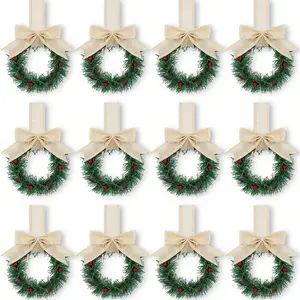 12pcs Christmas Kitchen Cabinet Mini Wreath Hanging Ornaments with Bows and Berries Classic Farmhouse Style Durable Plastic Decorations for Windows Cabinets Chairs Doors Stairs Diameter 13 cm