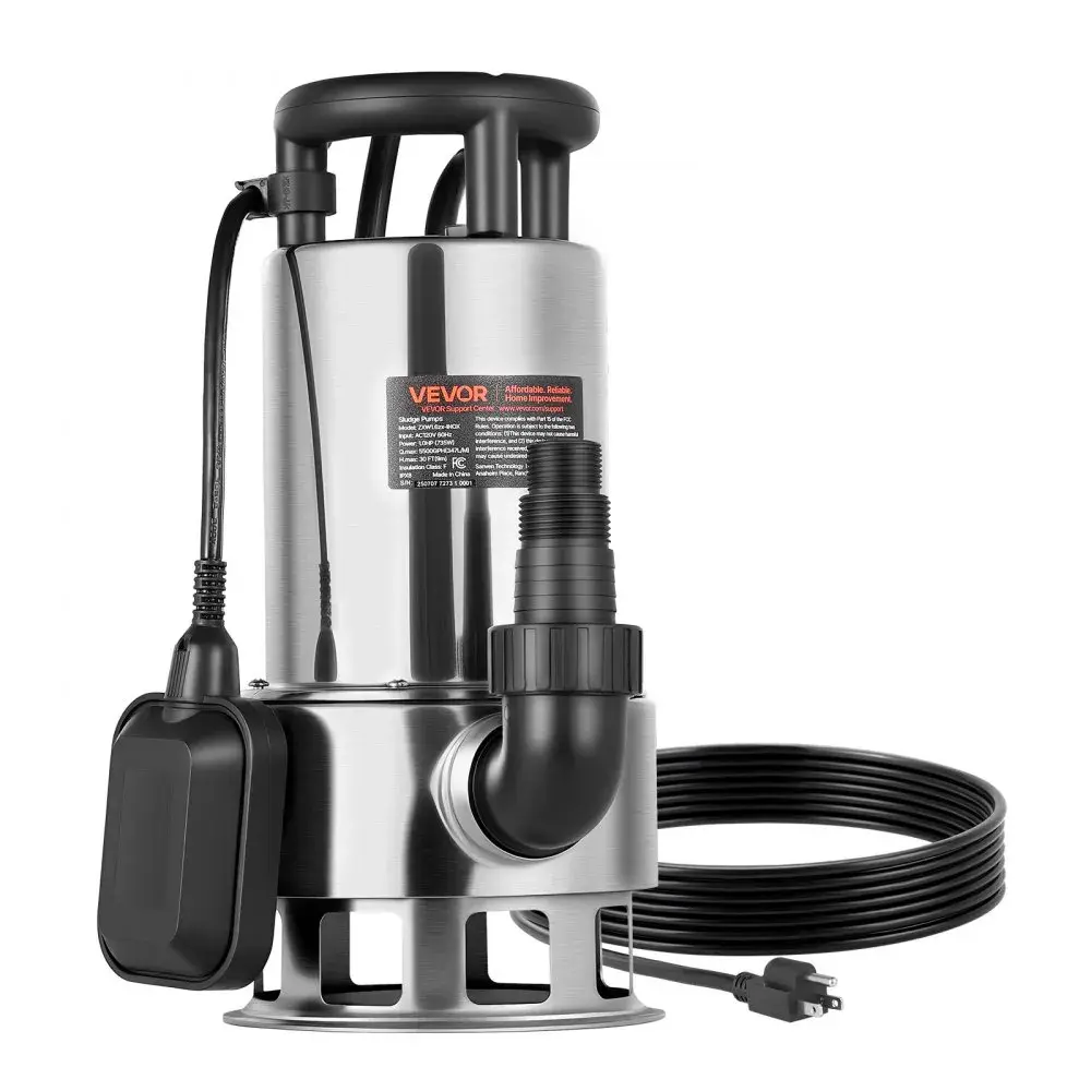 【Summerfinds】VEVOR 1 HP 735W Stainless Steel Submersible Sump Pump, IPX8 Waterproof, 5500 GPH Automatic Float Switch, 30 ft Max Lift, 24.6 ft Power Cord, 1 Elbow Adapter Kit, for Dewatering, Ponds, Fountains, Farms, Swimming Pool Pumps