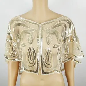 Summer Glitter Lace Shawl Women Elegant Beaded Capelet Sheer Mesh Stole Wedding Party Club Cover Up Lightweight Fashion Outerwear