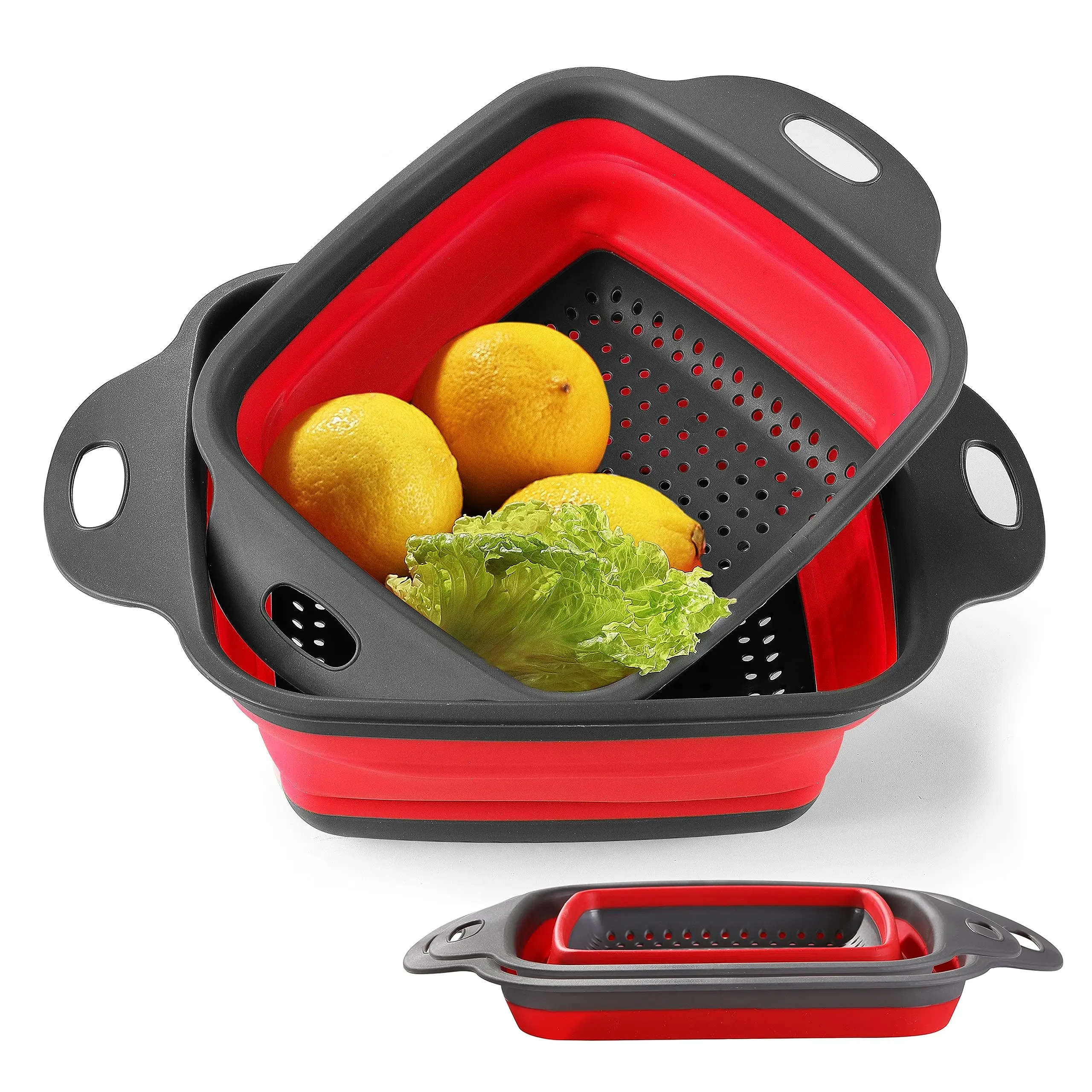 2-Piece Collapsible Silicone Colander Set with Handles - Eco-Friendly, Compact Space-Saver Kitchen Sieve Utensils, Fruit Strainer for Draining Pasta/Vegetables, Green Travel-Friendly