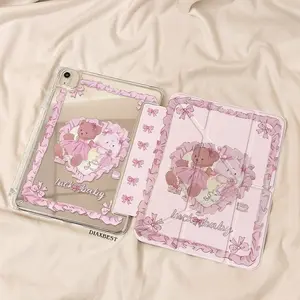 Lolita Style Luckybaby Bear Rabbit iPad Case, Tablet, Multi-Angle Foldable Stand, Mirror Anti-Drop Protective Back Cover with Pen Slot, Fits iPad 10/9/8 Gen, Pro 11", Air 3/4/5