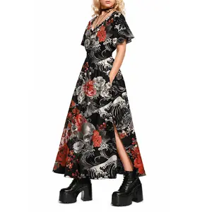 Rgothic Women's Plus Size A-Line Midi Casual Dress - Short Sleeve, Floral Skull Crow Branch Distressed Print, Split Pockets, Goth Clothes, Casual Wear for Spring Autumn