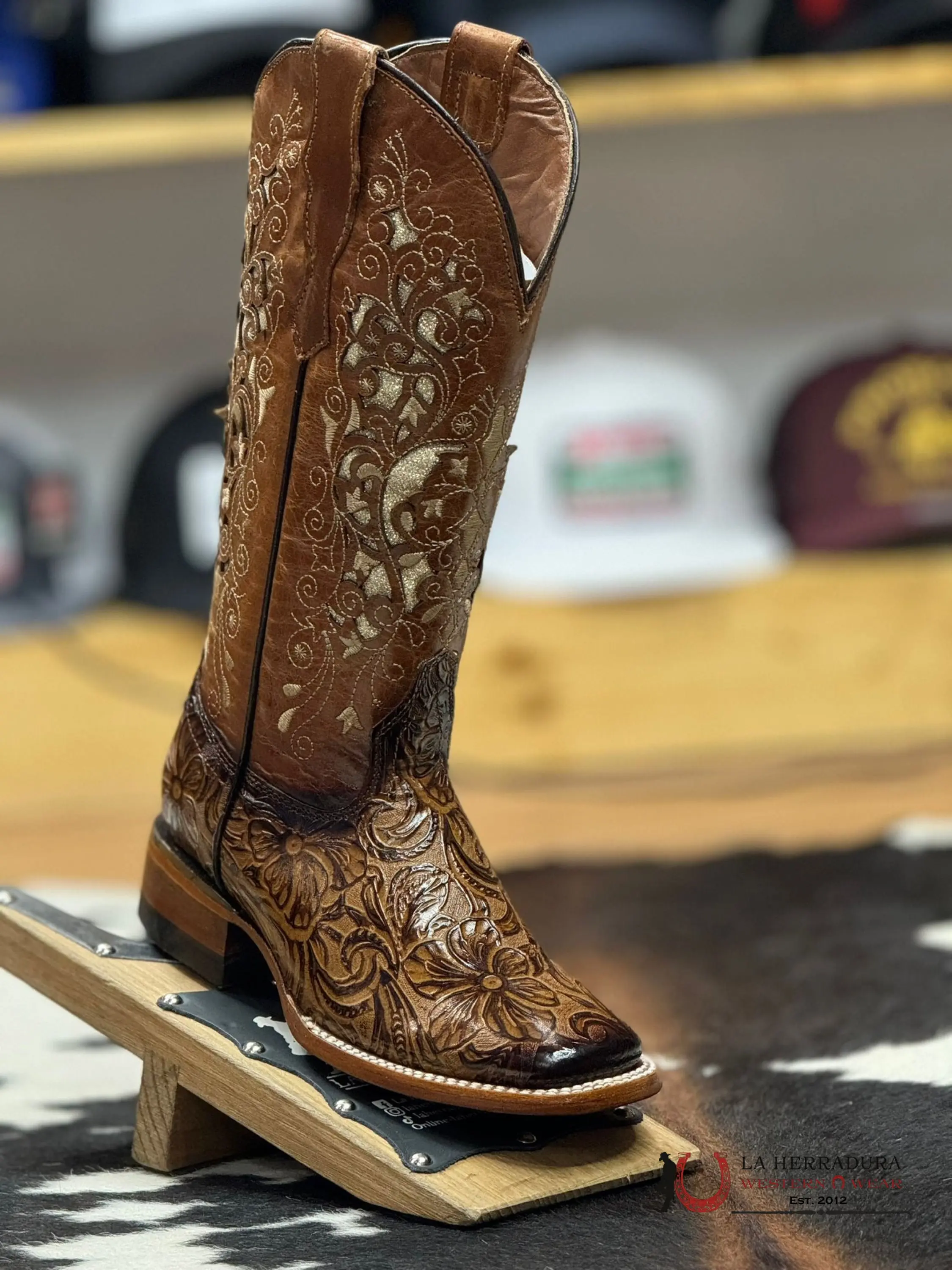 Women's Hand-Tooled Square Toe Footwear - ROCKEM ALMA FLOR DE LUZ MIEL Honey Glitter Inlay Boots