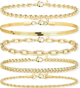 Gold Bracelets Set for Women Stack, Dainty Thick Bracelets Stack for Women Trendy, Simple Thin Gold Plated Cuff Stackable Bracelets With Beaded Cuban Paperclip Snake Rope Bangle Hand Chain Jewelry Gifts for Women Non Tainish