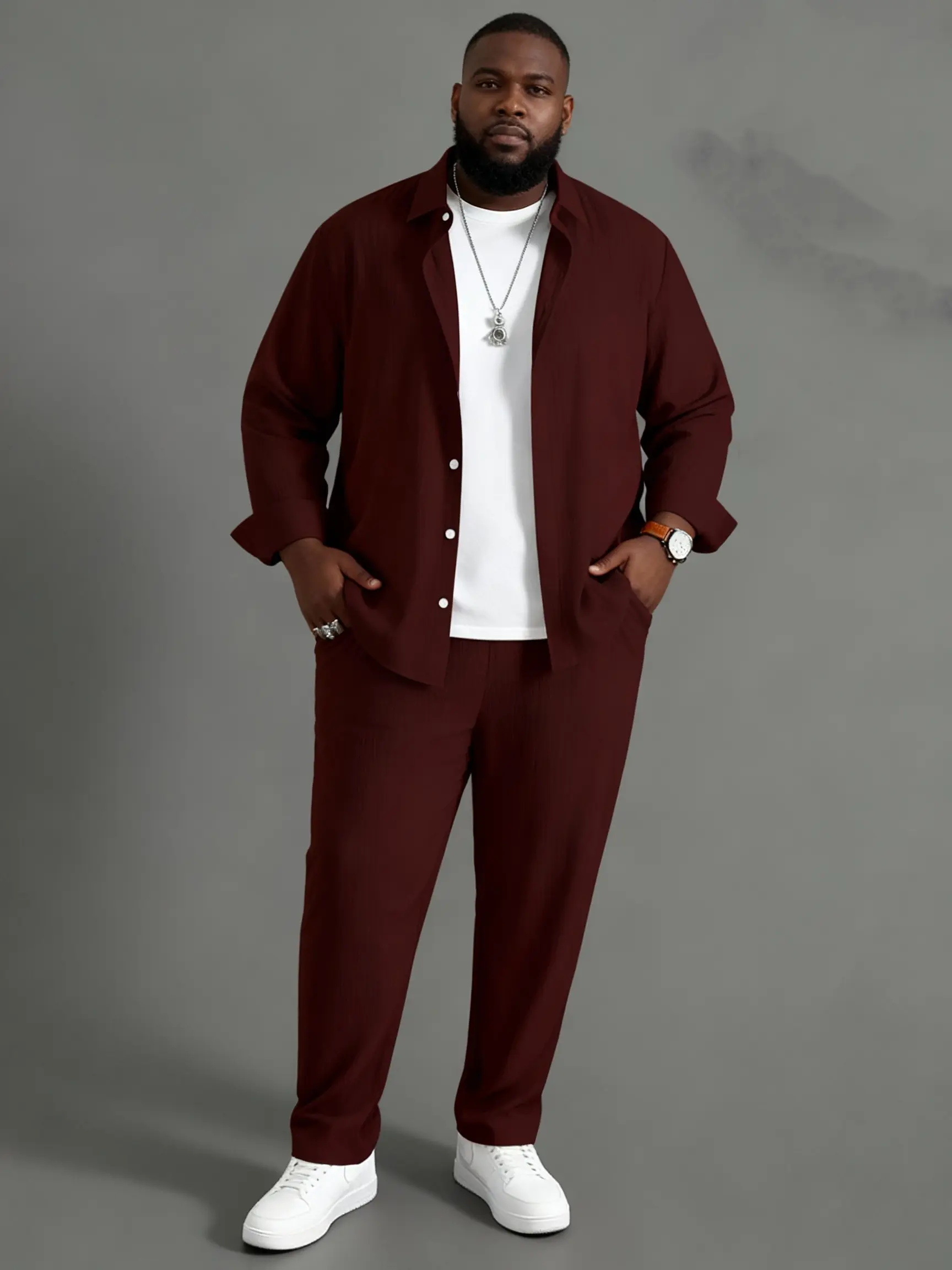 Men's 2-Piece Co-ord Set, Plus Size Casual Solid Wine Red Tracksuit with Long Sleeve Button-Up Jacket and Pants for Leisure Sports, Co Ord Sets, Men's Outfit Sets