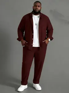 Plus Size Men's 2-Piece Casual Sport Co-Ord Set, Long Sleeve Button-Closure Jacket & Trouser, Winered Him Clothes for Spring Outdoor Leisure Sports & Outdoor Outfit