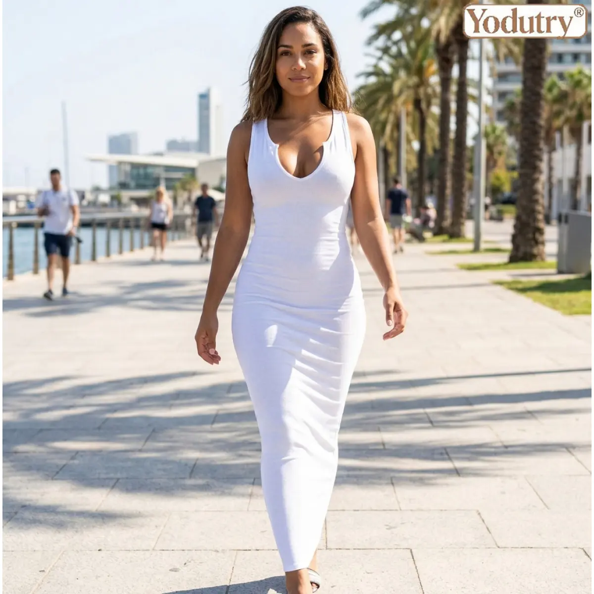 Yodutry|Bodycon Maxi Tank Dress  Deep V-Neck Sleeveless Dress  Form-Fitting Ribbed Knit Dress  Ultra-Soft Stretchy Fabric White Sleeveless Party Maxi Dress Curvy-Friendly Bodycon Silhouette  Racerback Style Tank Top Dress