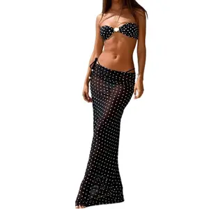 Y2K Vintage Polka Dot Bikini Set Bandeau Gold Hardware Side Tie Swimsuit with Long Mesh Cover Up Skirt Beach Vacation Outfit for Midsize Curvy Women cheeky Women's Slimming high waisted rash guard tropical style