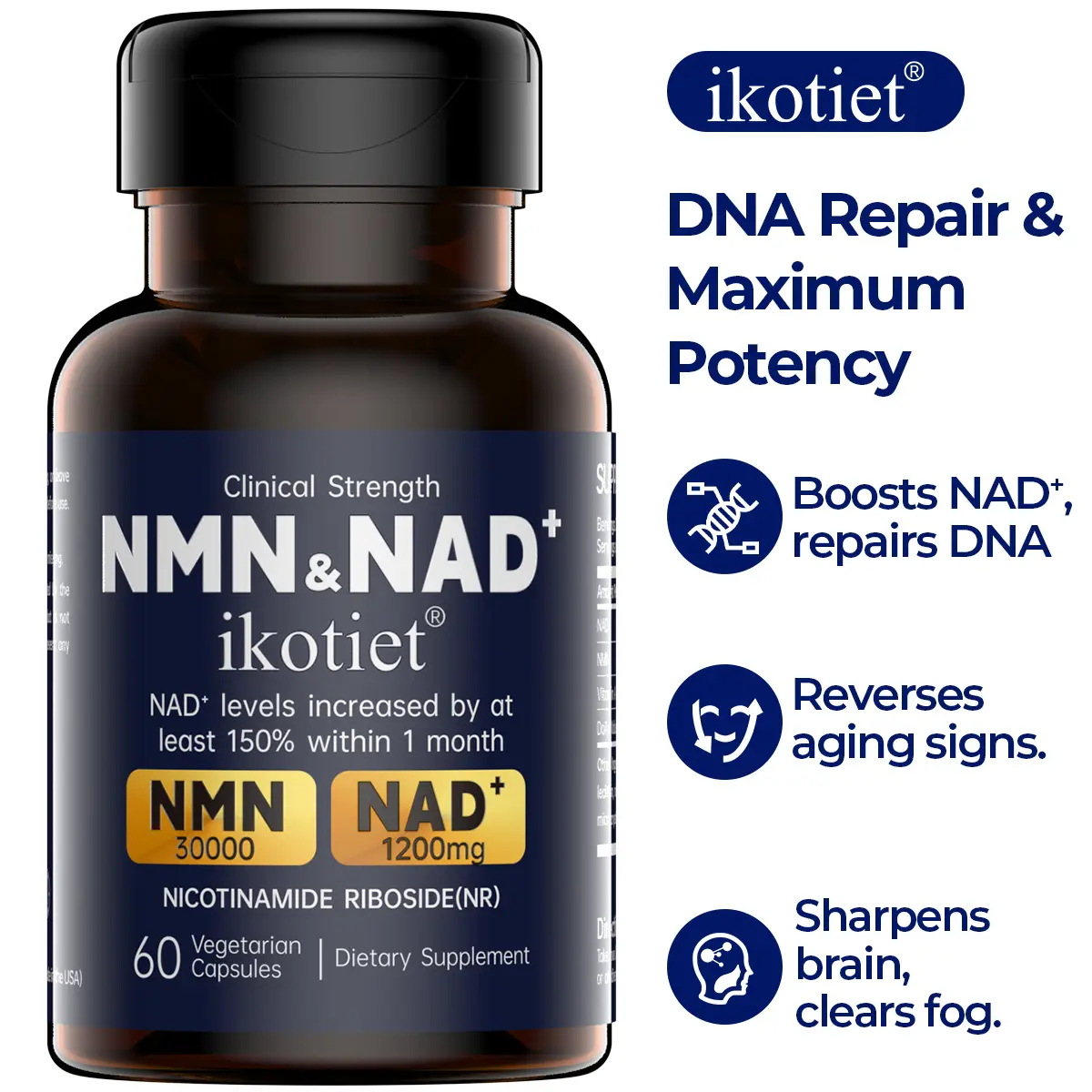 IKOTIET NAD & NMN All-in-One Anti-Aging & Cellular Regeneration Supplement, 300 mg, 30 Servings | Supports Cellular Energy, Skin Health, Metabolism, Brain & Muscle Function | Collagen for Women - 2 Capsules Daily |1 Bottle + 1 Trial Pack Fitness Dietary