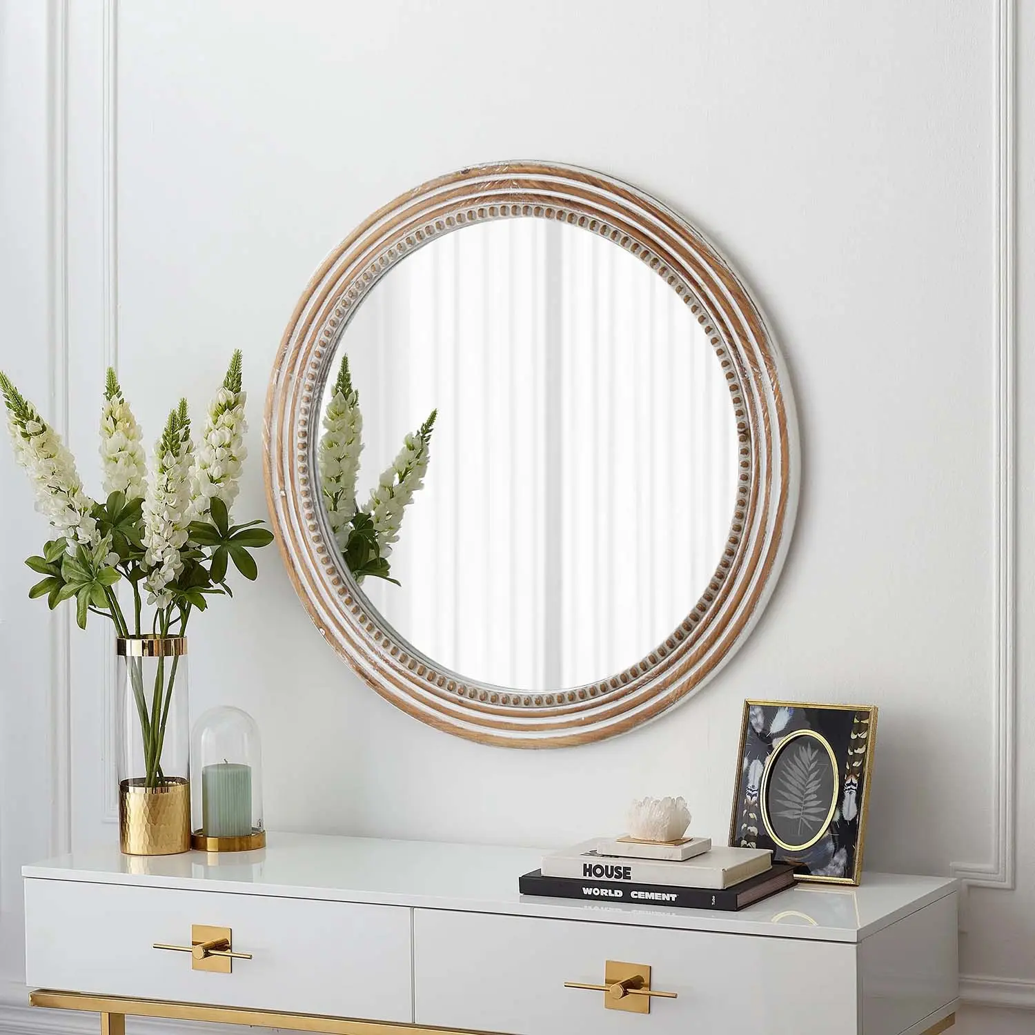 Round Wall Mirror 31.5 Inch, Wood Frame with Beaded Detail, Antique White Farmhouse Decor, HD Glass, for Living Room, Bedroom, Entryway