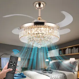 48 Inch Crystal Ceiling Fan with Light and Remote Modern Dimmable Fandelier Invisible Retractable Chandelier Fan Gold for Bedroom Living Room