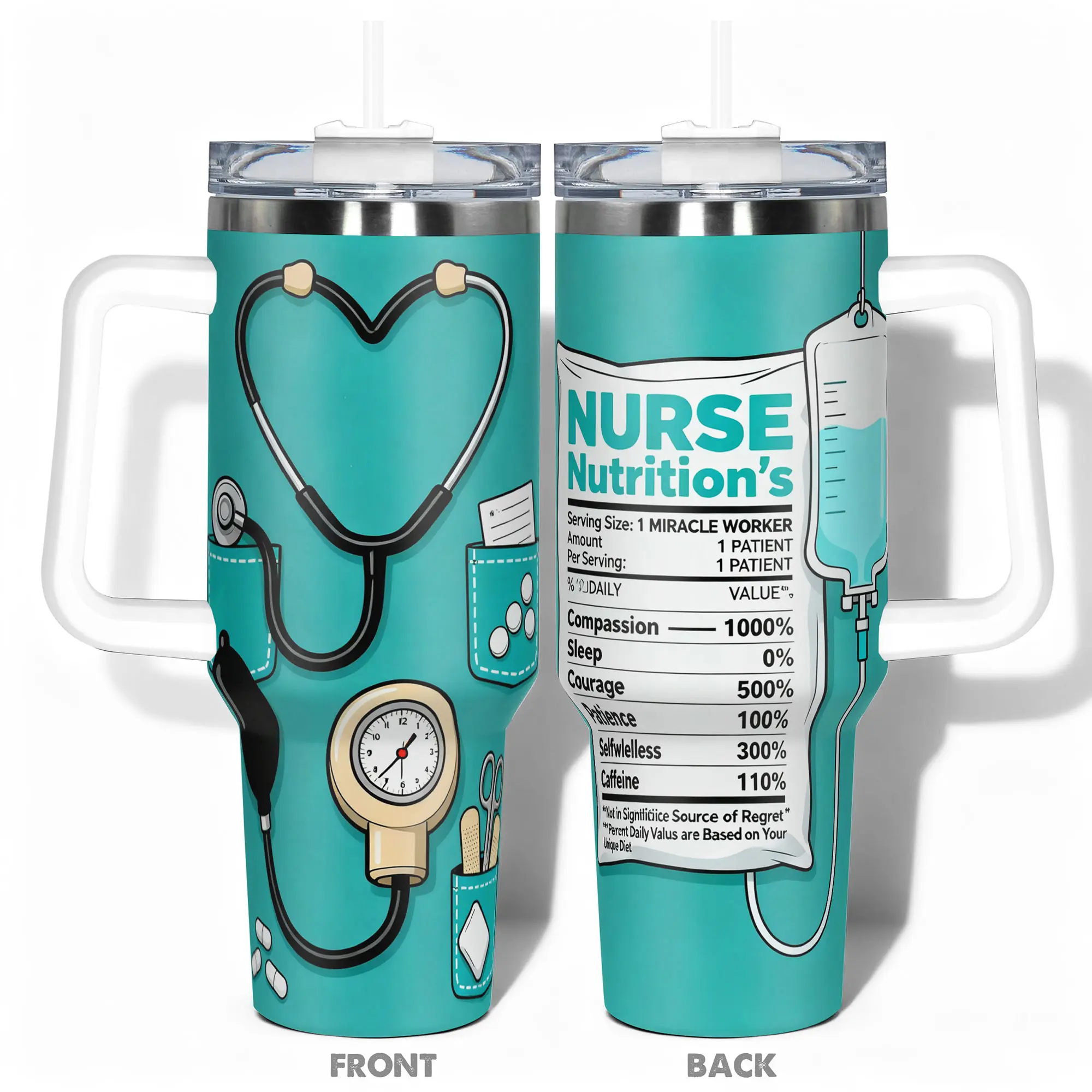 40oz Insulated Stainless Steel Nurse Nutrition Facts Tumbler - Portable, Lightweight, Reusable Mug with Large Handle, Straw Lid, Cup Holder-Friendly Flask, Thoughtful Gift for Healthcare Workers from Kids