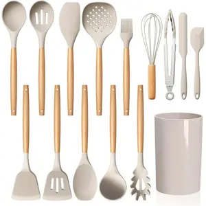 15- Kitchen Cooking Utensils Set with Holder,  Cooking Utensils Include Spatula Tong Slotted Spoon Turner Whisk Brush, Wooden Handle Kitchen Tools for Nonstick Cookware, Khaki