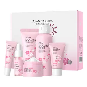 Japanese Cherry Blossom Sunscreen Six-Piece Moisturizing UV Hydrating Facial Care Set, Daily Routine Set, Skin Care Kit, Includes Cleanser, Toner, Serum, Eye Cream, Moisturizer, SPF Cream, Hydrate, Moisture, Sun Protection